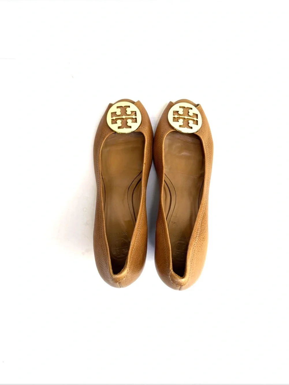 Tory Burch ‘Sally’ Brown Leather Peep Toe Wedges Women Size 13 M Gold Medallion